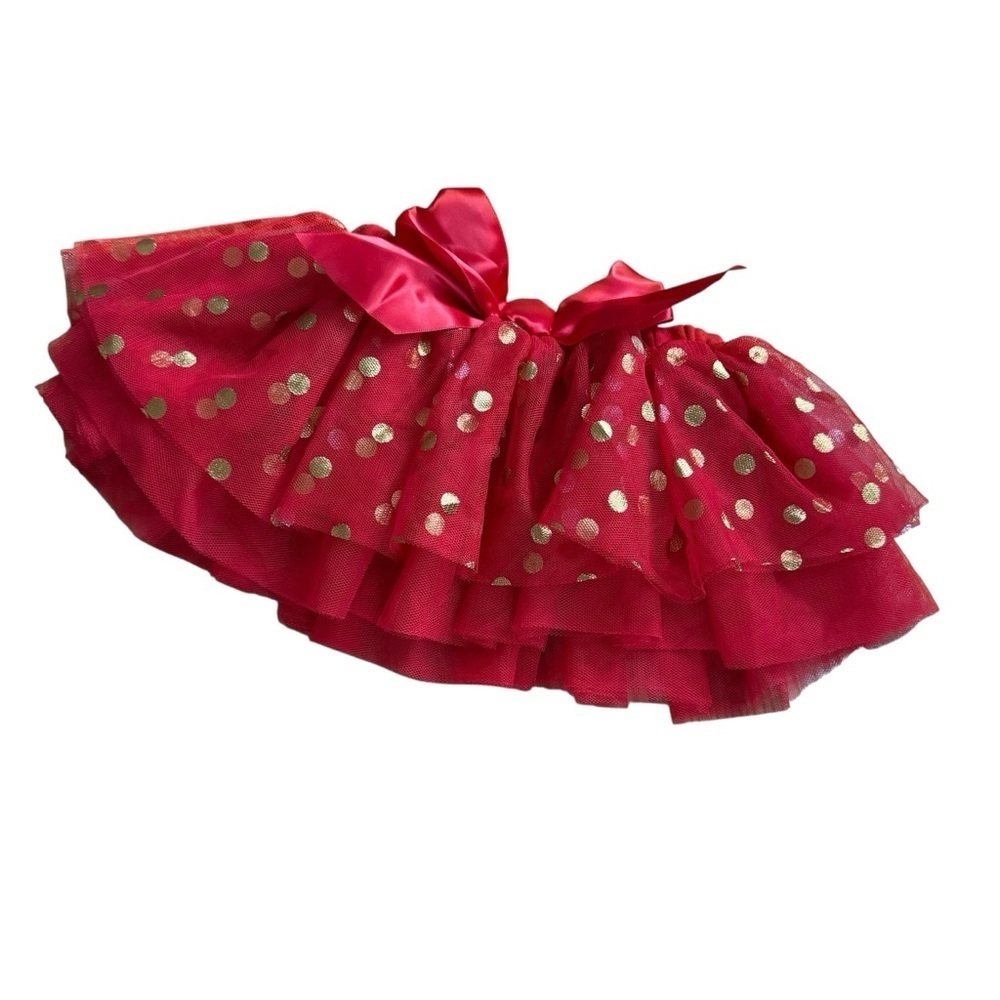 Baby Essentials Red Christmas Skirt Tutu Golden Polka Dots Bow Baby Girls 6M